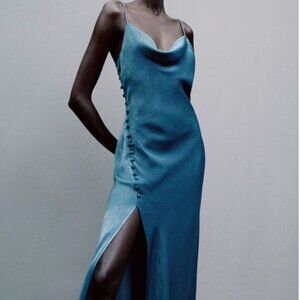 NWOT Satin Lingerie-Style Slip Midi Dress Zara Cowl Neck Short Slit Y2K